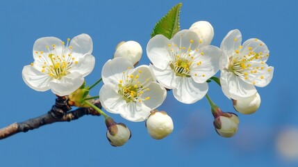Obraz premium Cherry blossoms bloom vibrantly against a bright blue sky, signaling the arrival of spring and the awakening of nature's beauty. Each petal shines, captivating hearts and minds alike
