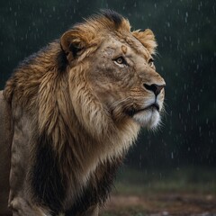 Obraz premium A lion standing in the rain, white background.