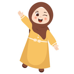 Happy Hijab Girl in Yellow Dress Illustration