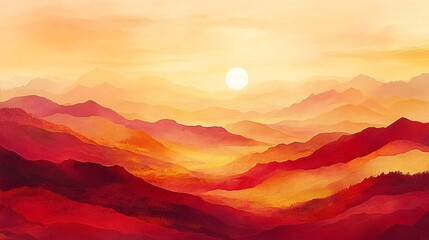 Obraz premium A vibrant Chinese landscape with rolling hills painted in shades of red, gold, and orange under a dreamy sunset sky