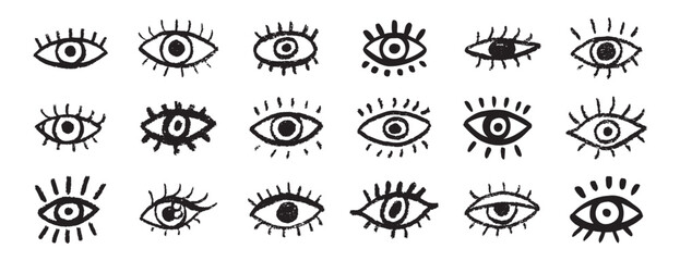Grunge eyes hand drawn doodle icon set. Open black eyes with bold line. Monochrome eye element