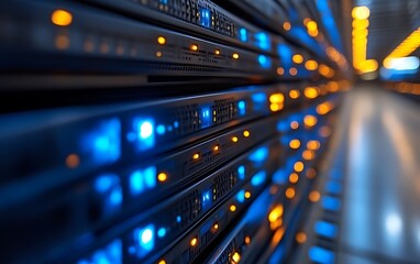 Naklejka premium Illuminated server racks in a data center.