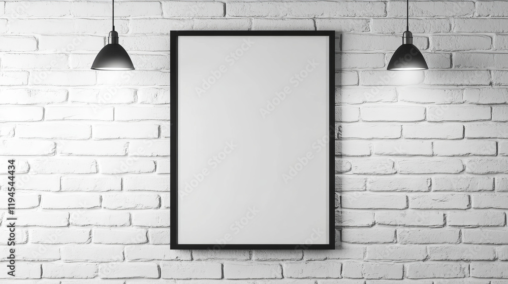 Poster white brick wall with rectangle and square simple photo frame composition and shadow of window. real