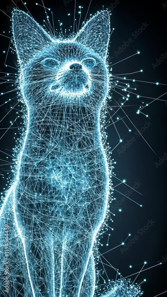 Poster digital representation of a cat illuminated by glowing lines in a dark background showcasing futuris