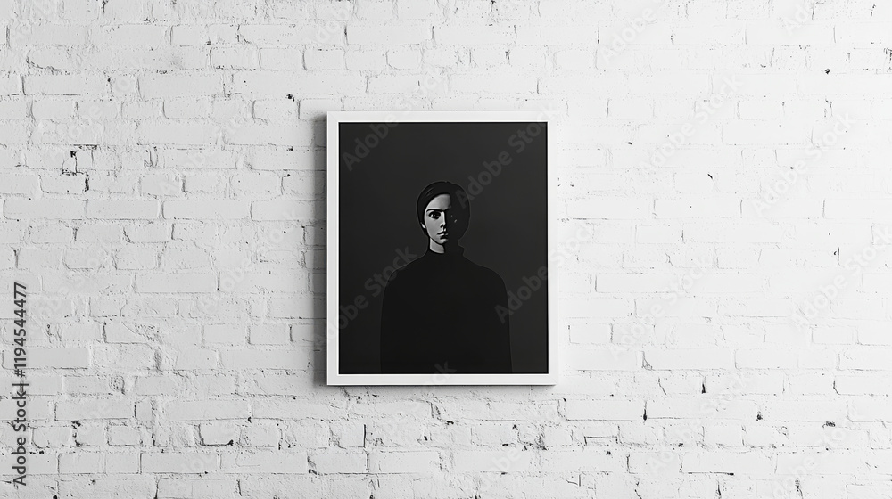 Poster white brick wall with rectangle and square simple photo frame composition and shadow of window. real