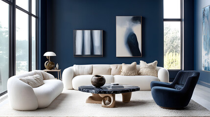 Modern living room with soft furniture and a clean design.
