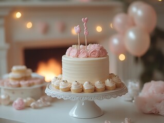 Delicious vanilla cake with pink roses and cupcakes.
