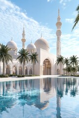 Naklejka premium A stunning architectural marvel featuring domes and minarets, surrounded by palm trees and reflecting in a tranquil pool under a bright sky.