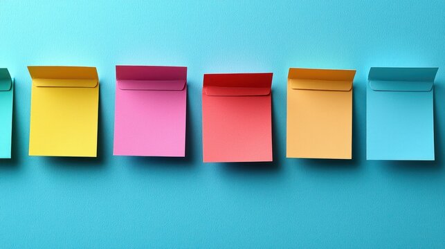 Colorful sticky notes arranged in a row on a vibrant blue background, ideal for organization and creativity