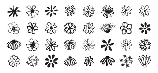Flowers grunge brush doodle blossom icons set. Flowers Scribble ink hand drawn brush. Chamomile flowers markers crayons icons 