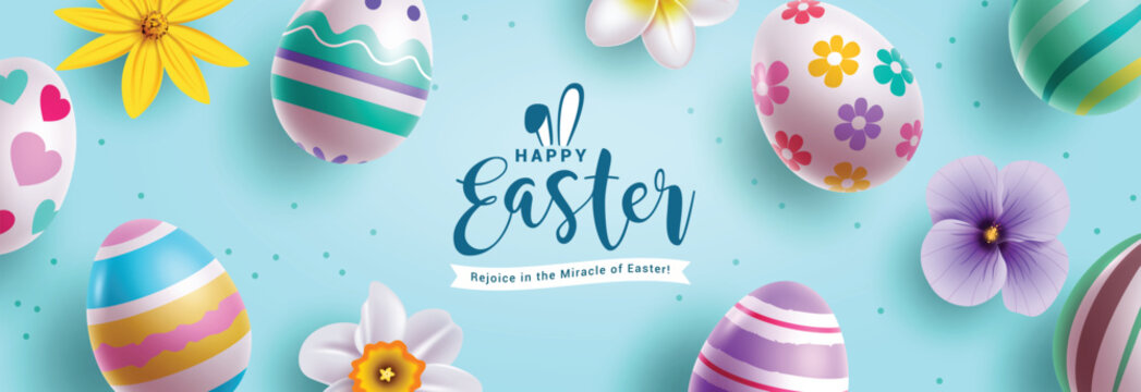 Happy easter greeting clipart banner. Easter egg hunt celebration clip art with 3d eggs and flowers decoration elements for greeting card holiday background. Vector illustration seasonal banner. 
