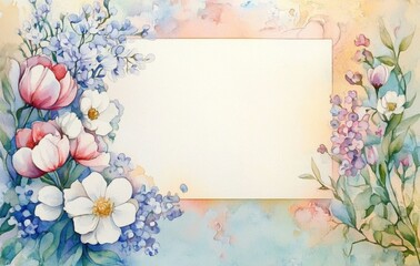 watercolor illustration of a large space for a note with small white and colorful flowers on the left side on a soft pastel background with a hint of floral pattern.