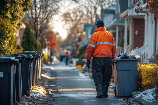 Waste collection action urban neighborhood photography early morning sidewalk view community effort
