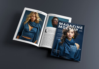 Magazine Cover and Open Magazine Mockup on Black Background