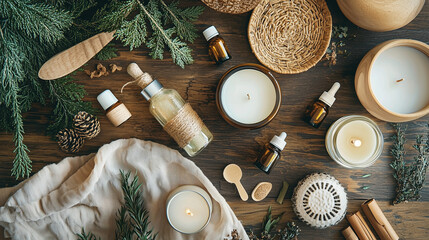 A flat lay of aromatherapy products, featuring scented candles, essential oil bottles, and a diffuser, all styled with natural materials like wood and linen to create a warm, organic ambiance.