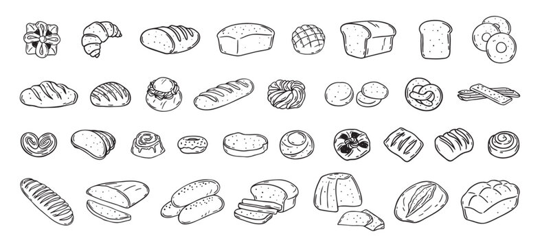 Bread different types hand drawn doodle outline icon set. Bread engraving, line art. Wheat products, baked goods, bakery