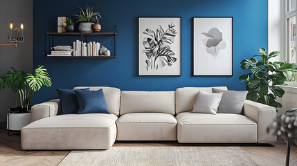 Stylish living space with beige sofa and artwork hanging above.