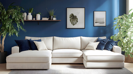 Contemporary room with bright blue walls, art, and potted plants.