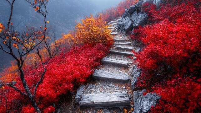 A mountain trail with shimmering gold steps winding through vibrant red foliage