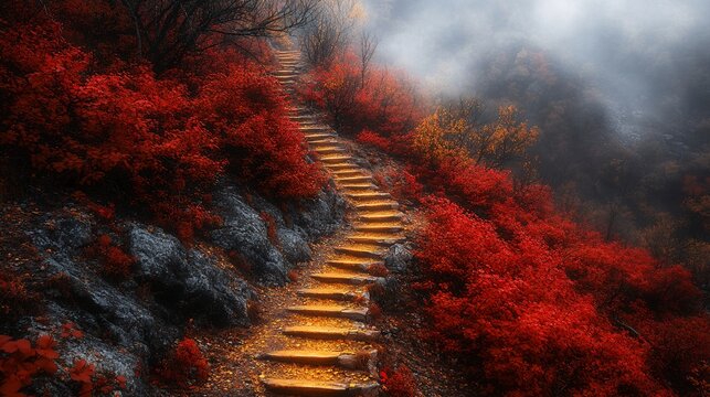 A mountain trail with shimmering gold steps winding through vibrant red foliage