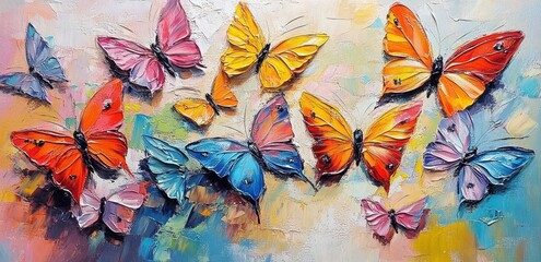 Colorful abstract oil acrylic painting of colorful butterflies- pallet knife on canvas
