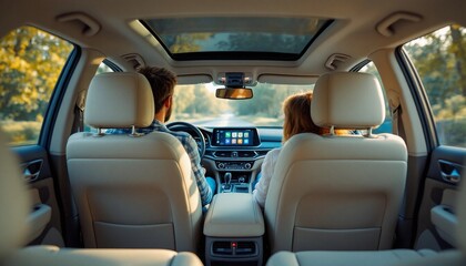 Fototapeta premium Candid car journey of a couple on a scenic road trip in a sunny day
