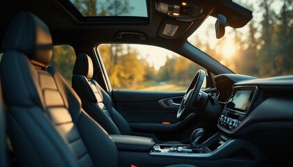 Modern car interior with sunroof and leather seats in sunset with trees outside