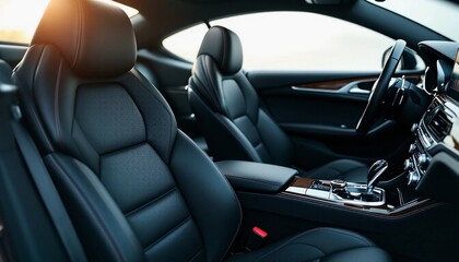 Luxury car interior showcasing black leather seats and wooden panel detailing