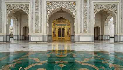 Obraz premium Mosque Entrance, Ornate, Courtyard, Reflection, Wet