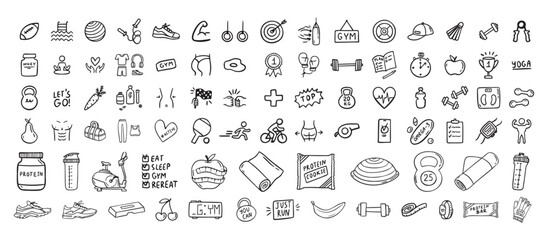 Fitness, sport and health icons doodle hand drawn set. Healthy lifestyle isolated symbols