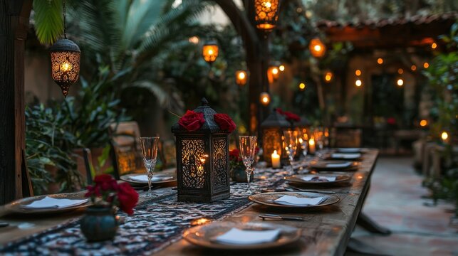 Elegant outdoor dining with soft lighting.