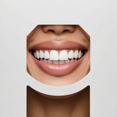 Naklejka premium A close-up of a woman's perfect white smile with natural, glossy lips. Dental health, beauty, and confidence concept