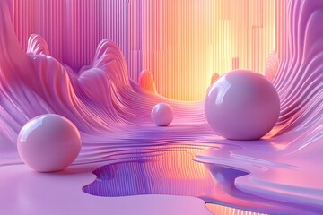 Pink surreal landscape, spheres, reflection, digital art, website
