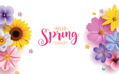 Spring hello greeting text clipart design. Hello spring greeting card with sunflower, daisy, crocus, chamomile and bluebell colorful flowers decoration elements. Vector illustration floral invitation 