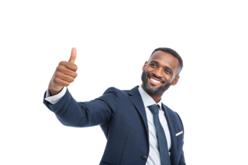 A man in a dark blue suit, smiling warmly, extends a single thumbs up. His professional demeanor conveys friendliness and trustworthiness, isolated on a transparent background