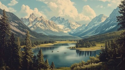 Fototapeta premium Serene Alpine Lake View with Majestic Mountains