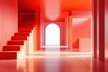 Red room, stairs, archway, sunlight, product display