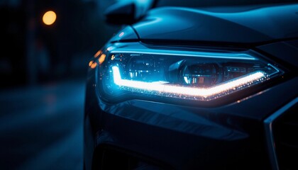 Sleek car headlight illuminates the night with blue and orange vibrant light
