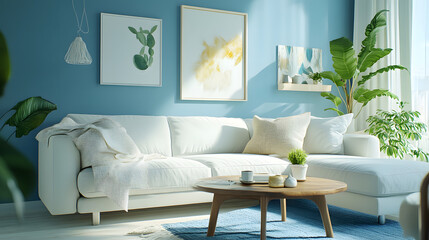 Living room with artwork, bright light, and a relaxed atmosphere.