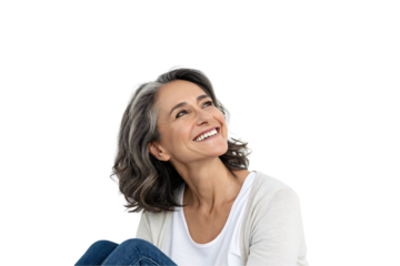 A serene woman sits comfortably in a casual outfit, her gray hair framing her face as she looks up, expressing wisdom and tranquility, isolated on a transparent background