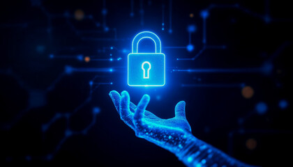 Futuristic Hand Interacting with a Digital Lock Icon for Enhanced Security