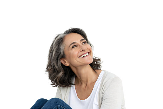 A serene woman sits comfortably in a casual outfit, her gray hair framing her face as she looks up, expressing wisdom and tranquility, isolated on a transparent background