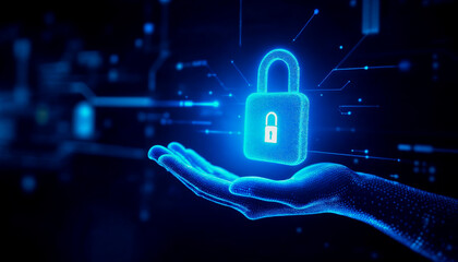 Futuristic Hand Interacting with a Digital Lock Icon for Enhanced Security