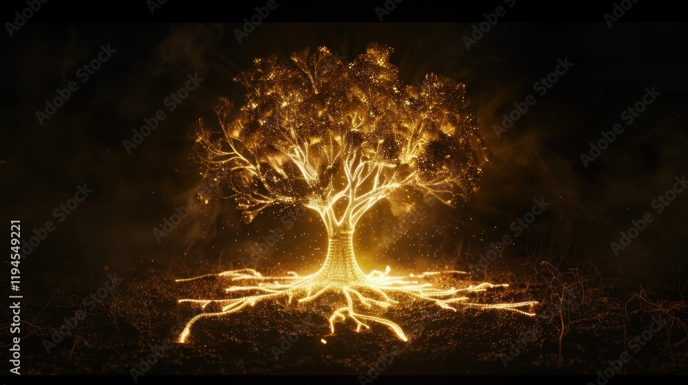 Poster glowing tree with luminous branches and roots, symbolizing life and energy. intricate design showcas