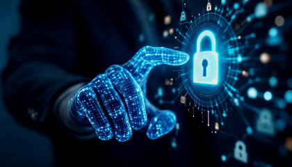 Futuristic Hand Interacting with a Digital Lock Icon for Enhanced Security