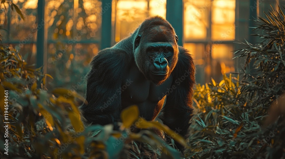 Poster a large gorilla walks confidently through its zoo habitat just as the sun sets, casting a warm glow 