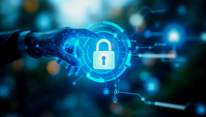 Futuristic Hand Interacting with a Digital Lock Icon for Enhanced Security