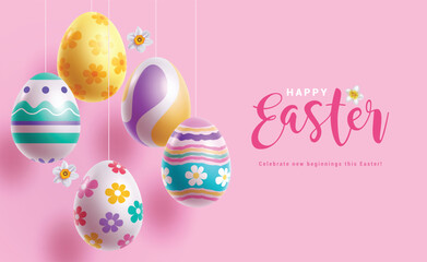 Happy easter greeting clipart design. Easter egg hunt with cute colorful eggs elements hanging in pink background for playful kids celebration clip art. Vector illustration seasonal greeting design. 
