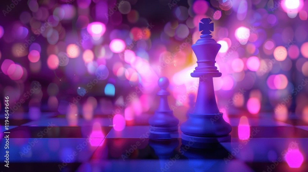 Poster vibrant chess scene featuring king and pawn against colorful bokeh background, creating dynamic and 