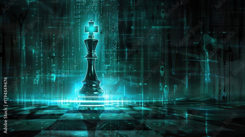 Poster digital chess piece stands prominently in futuristic setting, surrounded by glowing data streams and
